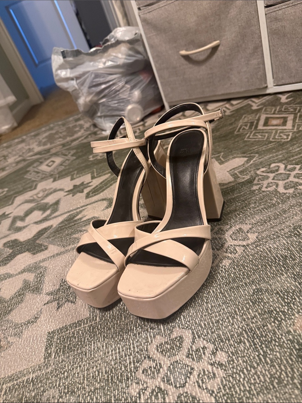Zara Nude Patent Platform Block Heel Sandals with Ankle Strap